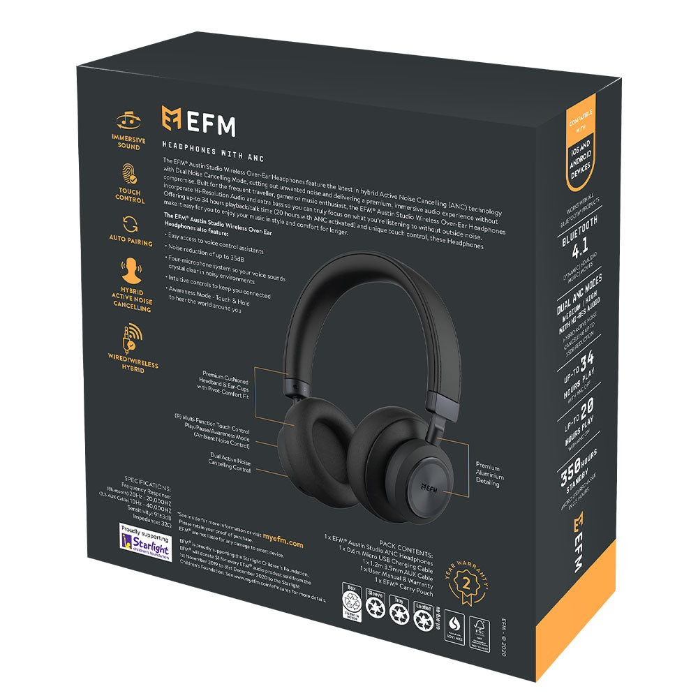 EFM Austin Studio Wireless ANC Headphones With Dual Mode Active Noise Cancelling and Hi-Res Audio
