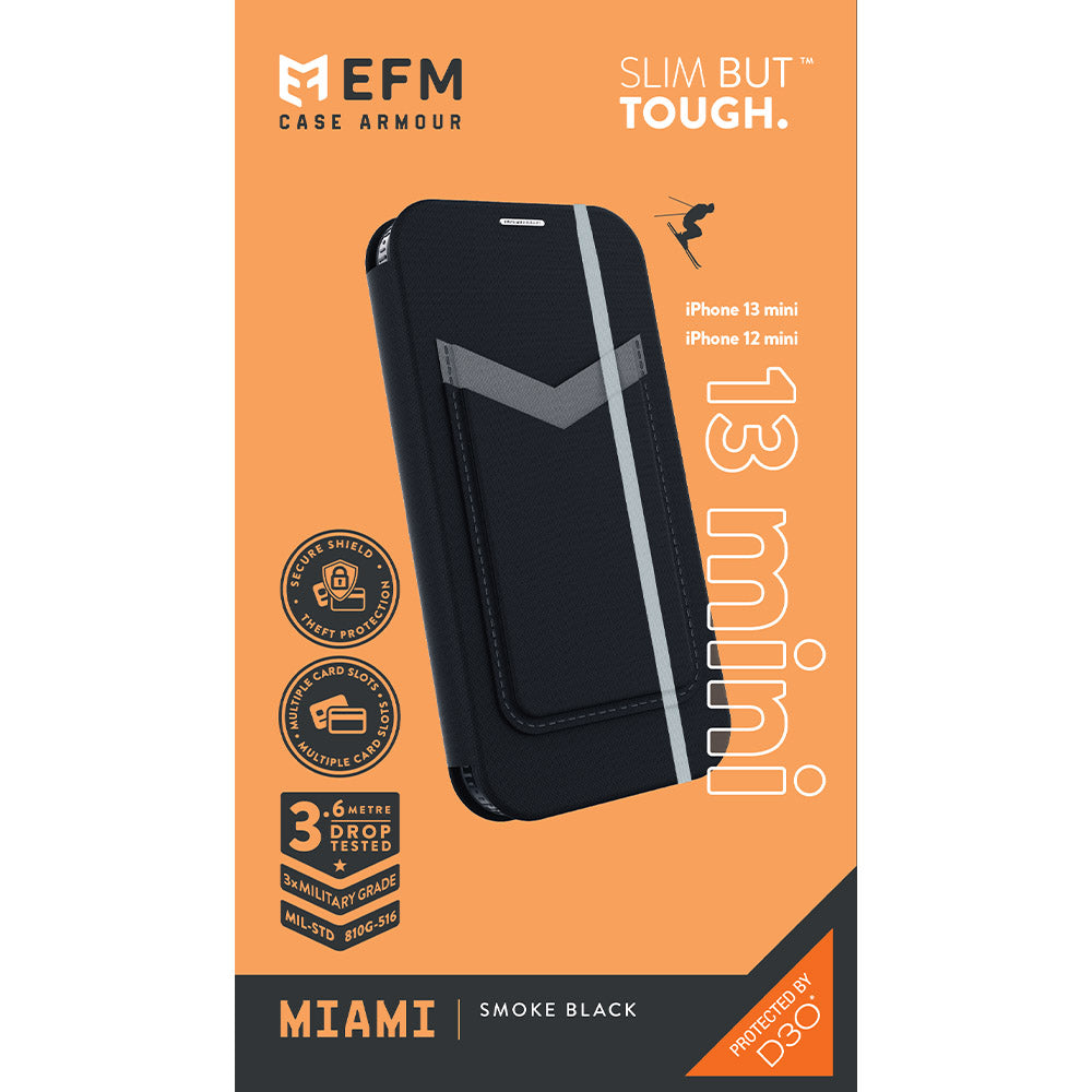 EFM Miami Leather Wallet Case Armour with D3O For iPhone 13 mini (5.4") - Smoke Black