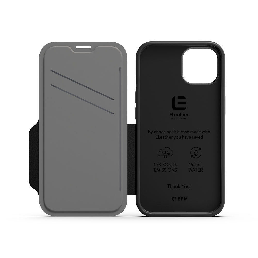 EFM Monaco Leather Wallet Case Armour with D3O 5G Signal Plus For iPhone 13 (6.1") - Black/Space Grey