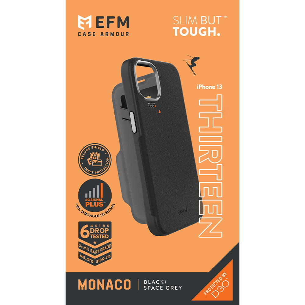 EFM Monaco Leather Wallet Case Armour with D3O 5G Signal Plus For iPhone 13 (6.1") - Black/Space Grey