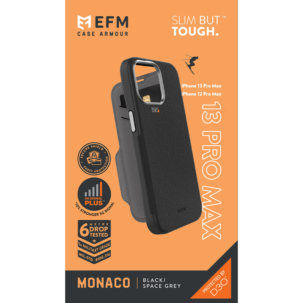 EFM Monaco Leather Wallet Case Armour with D3O 5G Signal Plus For iPhone 13 Pro Max (6.7") - Black/Space Grey