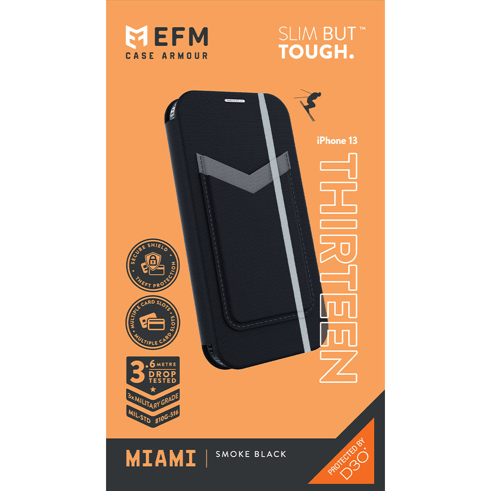 EFM Miami Leather Wallet Case Armour with D3O  For iPhone 13 (6.1") - Smoke Black