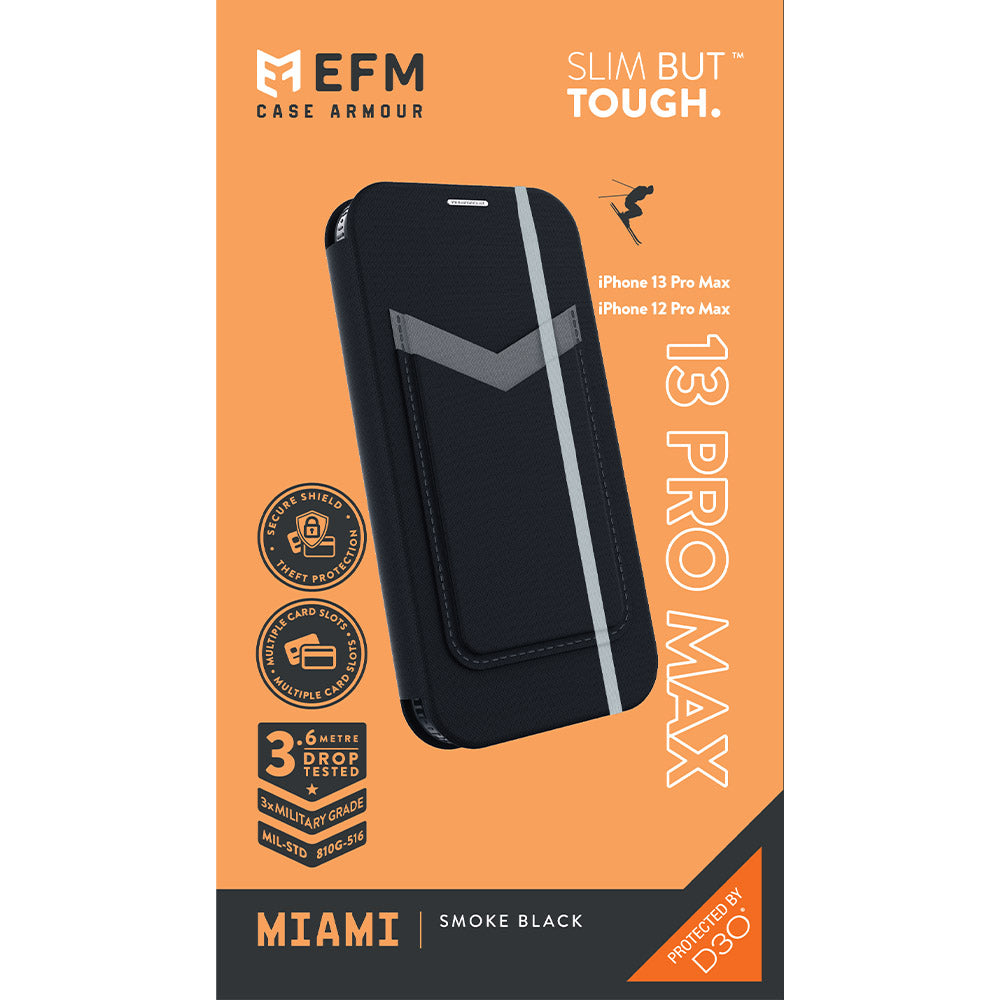 EFM Miami Leather Wallet Case Armour with D3O  For iPhone 13 Pro Max (6.7") - Smoke Black