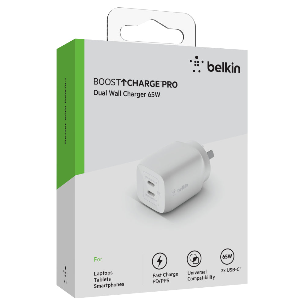 Belkin BOOST UP Dual USB-C Wall Charger GaN Technology 65W with PPS